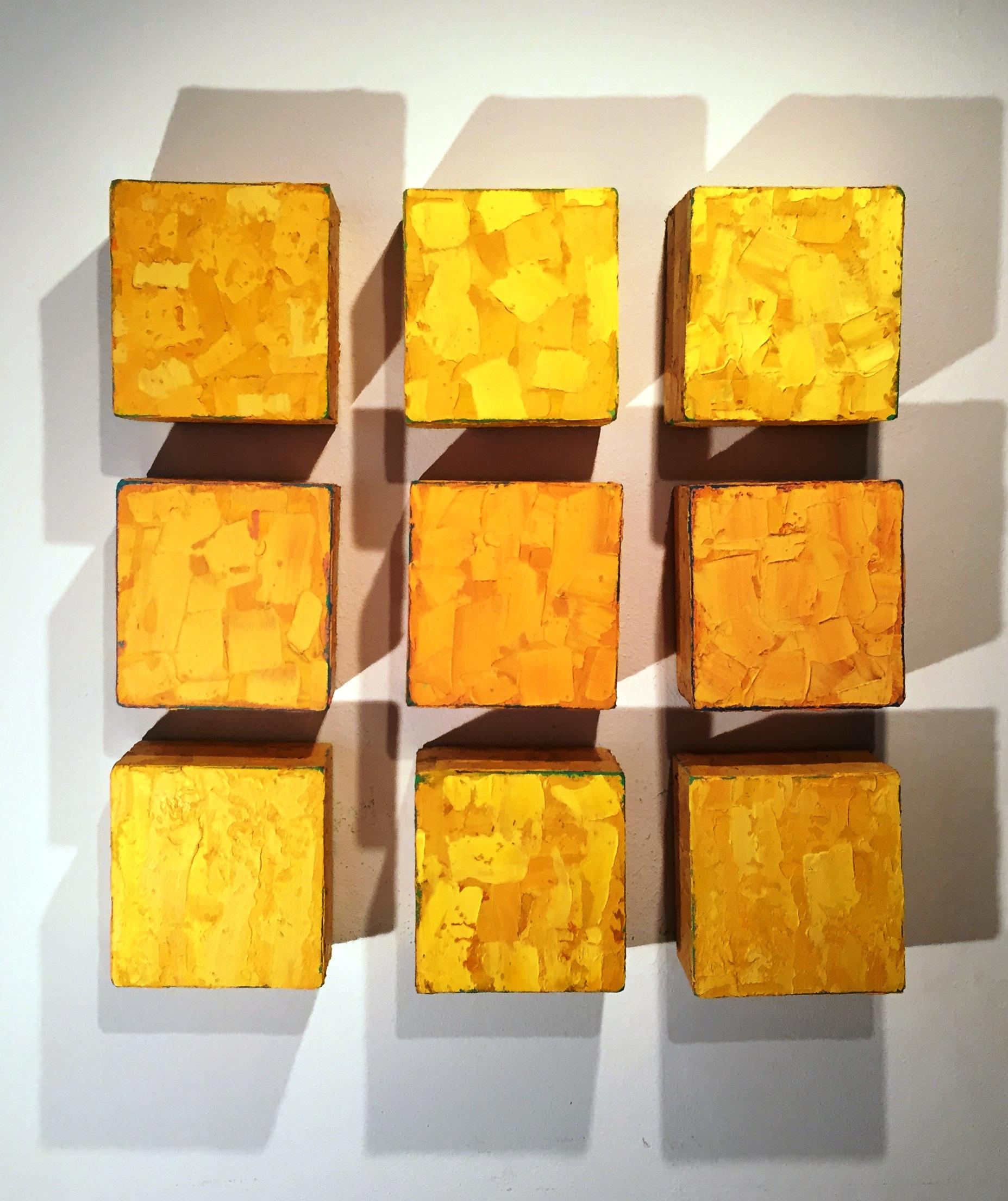 9 Boxes Installation Bright Yellow conceptual portrait of artist Clemens Briels - Painting by Rene Rietmeyer