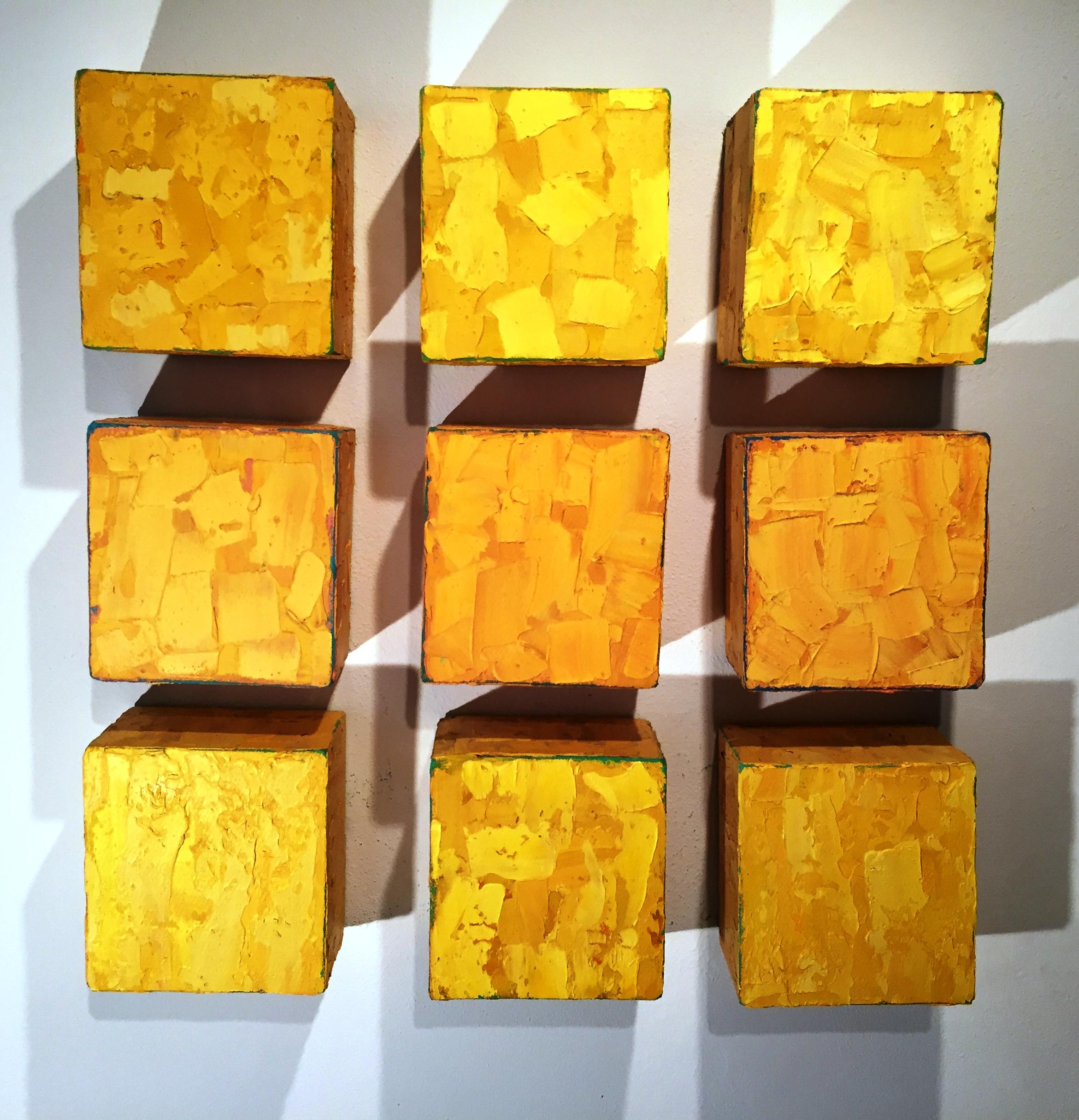 9 Boxes Installation Bright Yellow conceptual portrait of artist Clemens Briels - Abstract Painting by Rene Rietmeyer