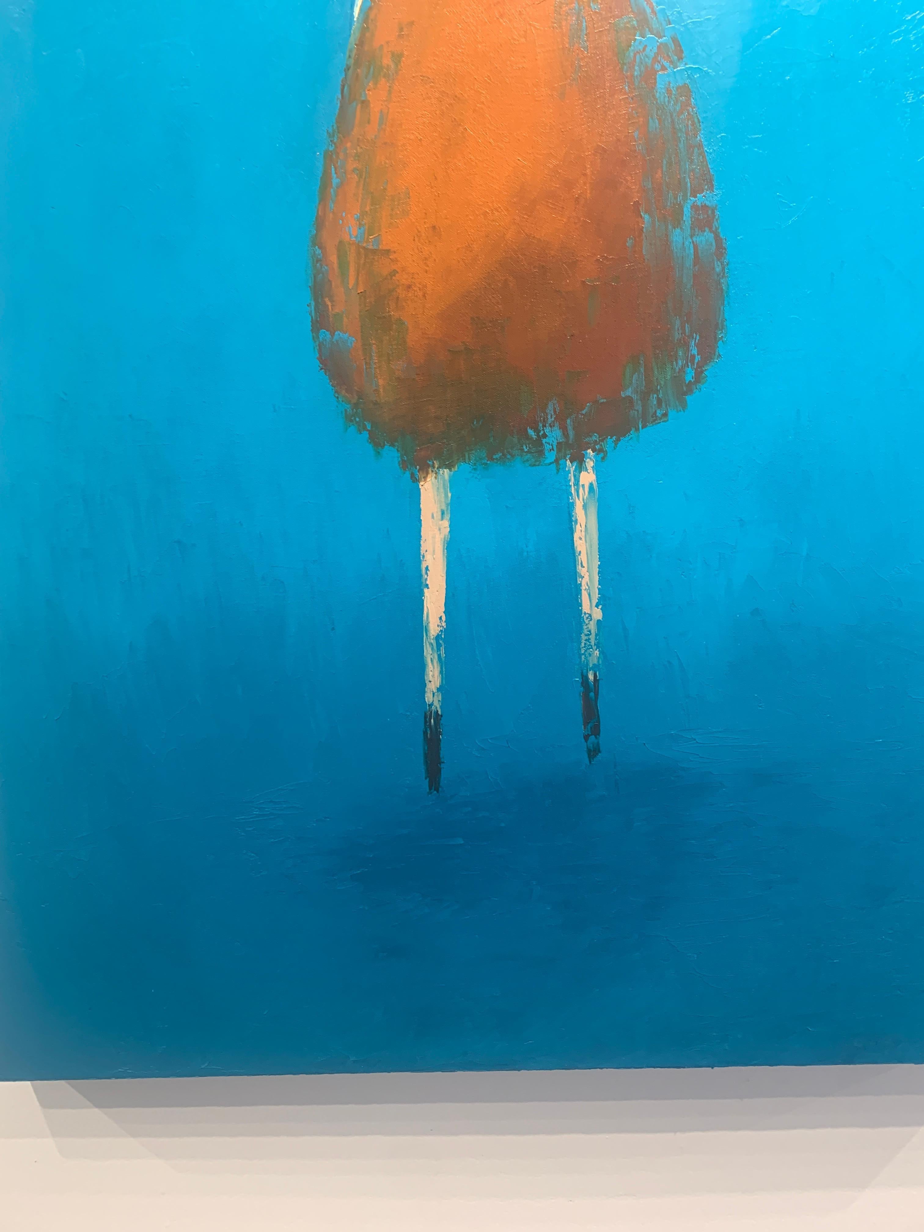 Questo bellissimo quadro blu è opera di René Romero Schuler. I suoi dipinti espressionistici raffigurano delicate figure femminili che lei dipinge con una mano asciutta e minimalista, lasciando i suoi soggetti per lo più privi di lineamenti ma
