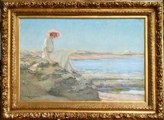 Repos sur les rochers - Huile impressionniste, figure dans un paysage marin par ROUSSEAU