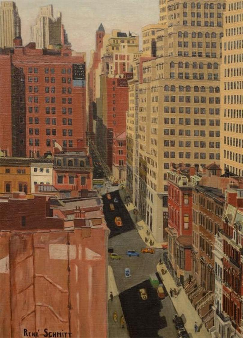 Ein Ölgemälde auf Leinwand von Rene Schmitt, signiert unten links, das eine bunte Szene von Gebäuden in New York zeigt
Abstrakt Surrealistisch Realistisch Regionalistisch Impressionistisch Mid Century Modern
