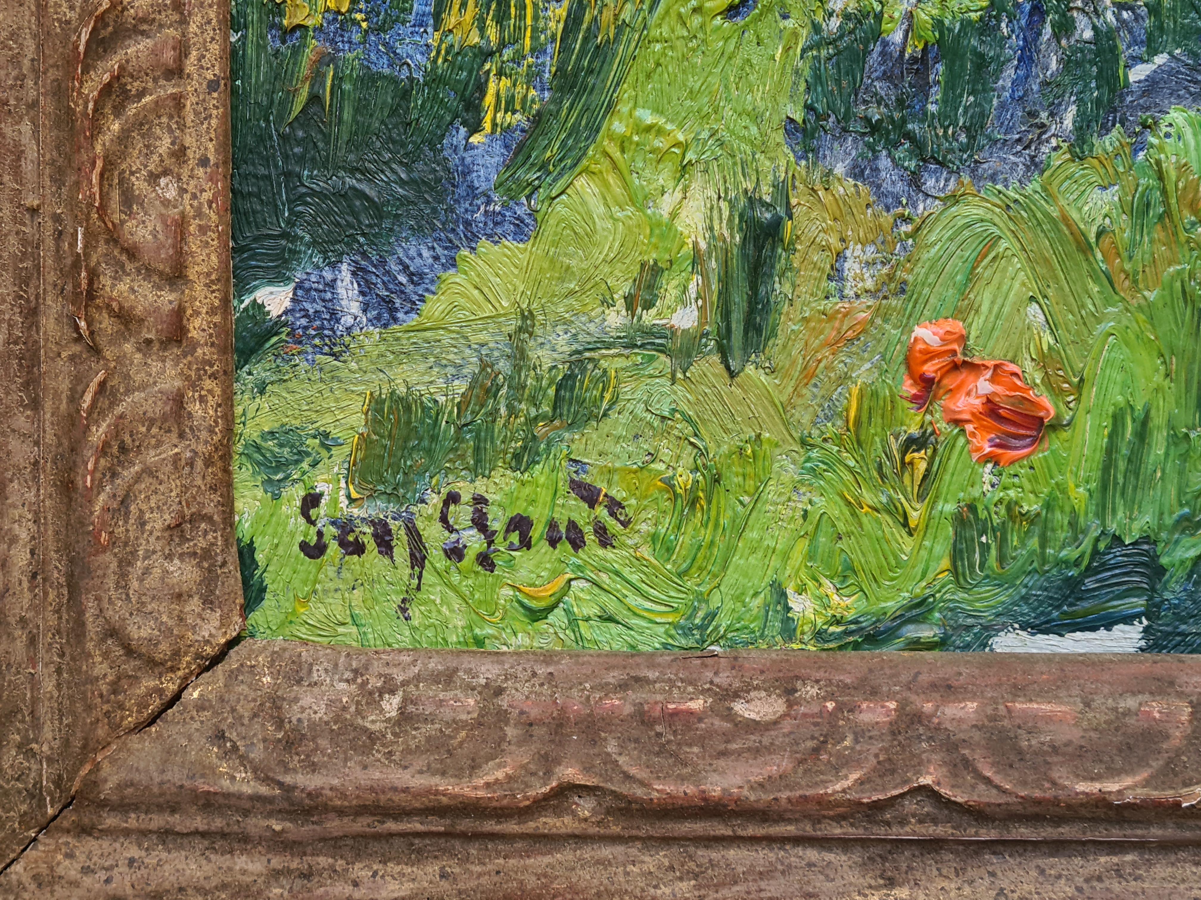 Huile sur toile fauviste - Paysage rural français avec peupliers, le Luberon - Fauvisme Painting par René Seyssaud