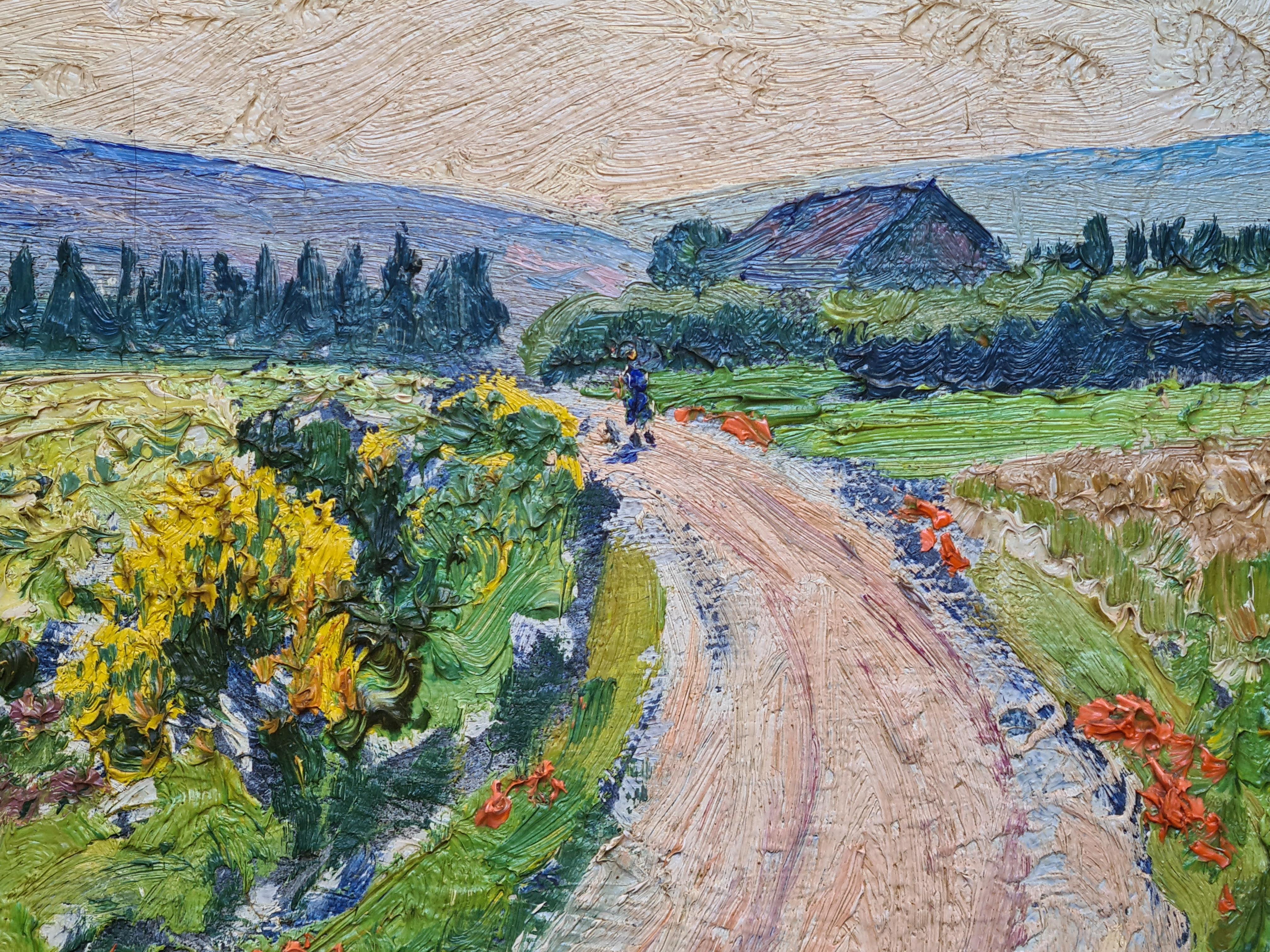 Huile sur toile fauve du début du 20e siècle représentant un paysage rural avec des coquelicots par René Seyssaud. Le tableau est signé en bas à gauche. Le titre, 