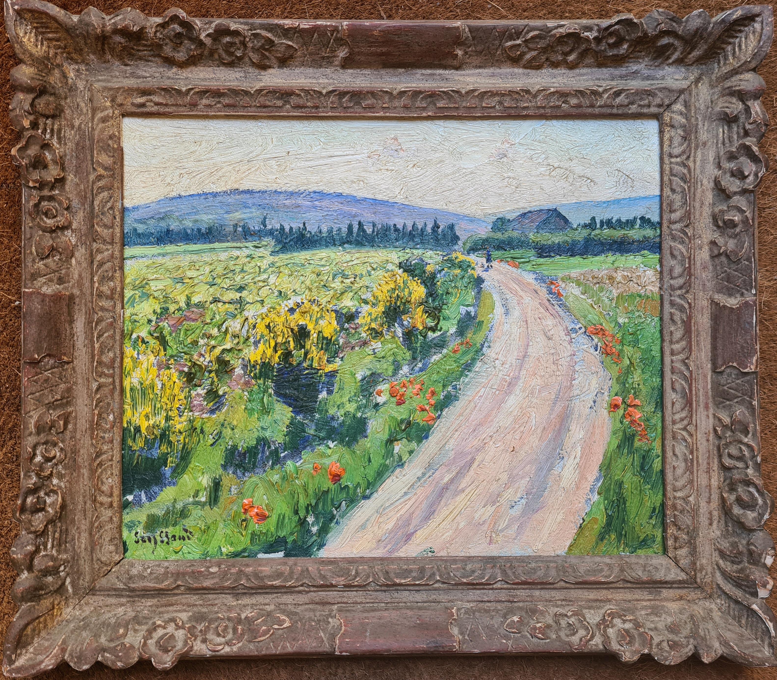 Landscape Painting René Seyssaud - Huile sur toile fauviste - Paysage rural français avec peupliers, le Luberon