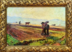 French Fauvist Oil on Canvas Landscape, Men Ploughing the Fields