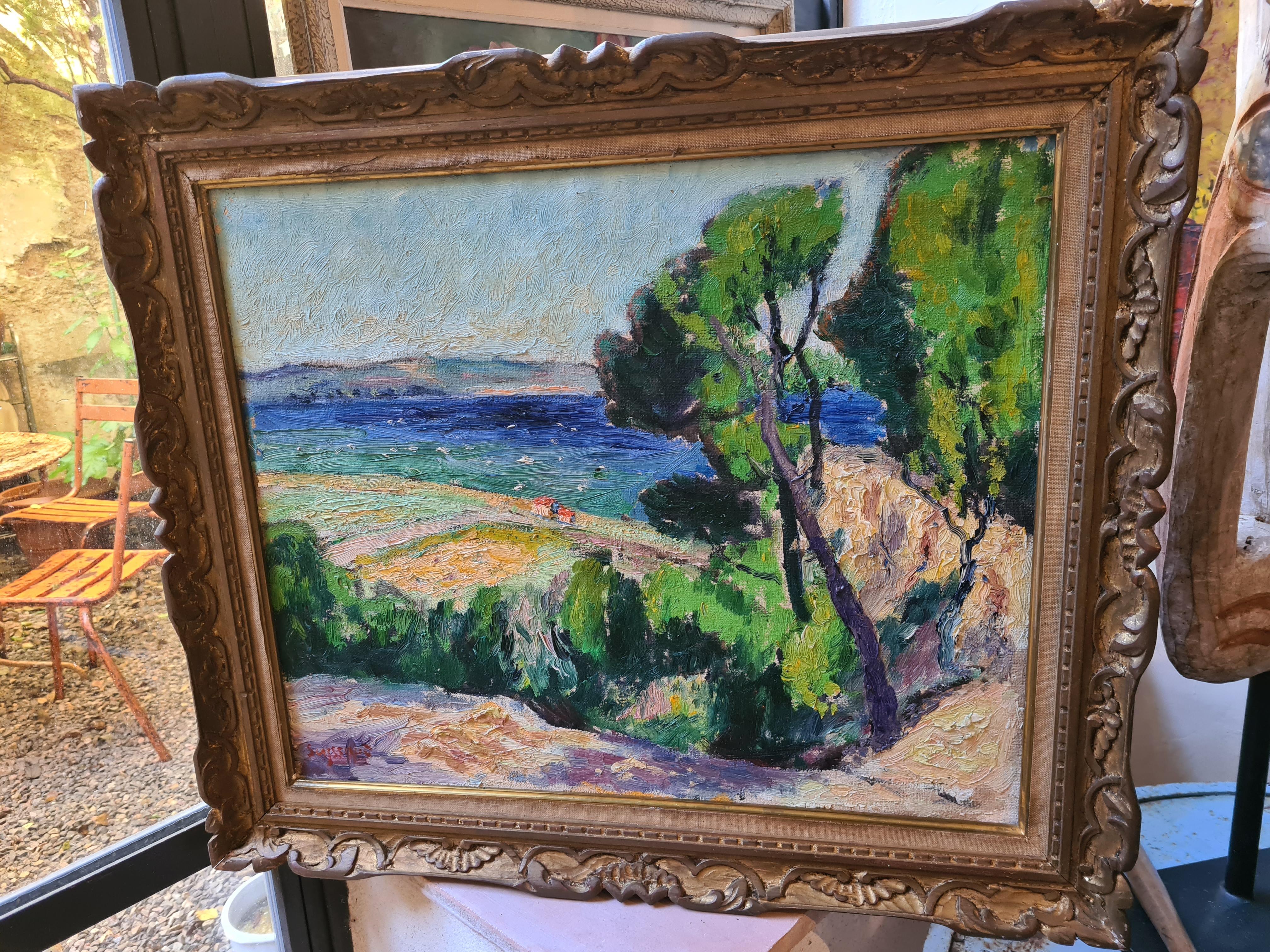 Óleo sobre lienzo fauvista francés Paisaje a la vista del agua del Atelier A de Seyssaud 8