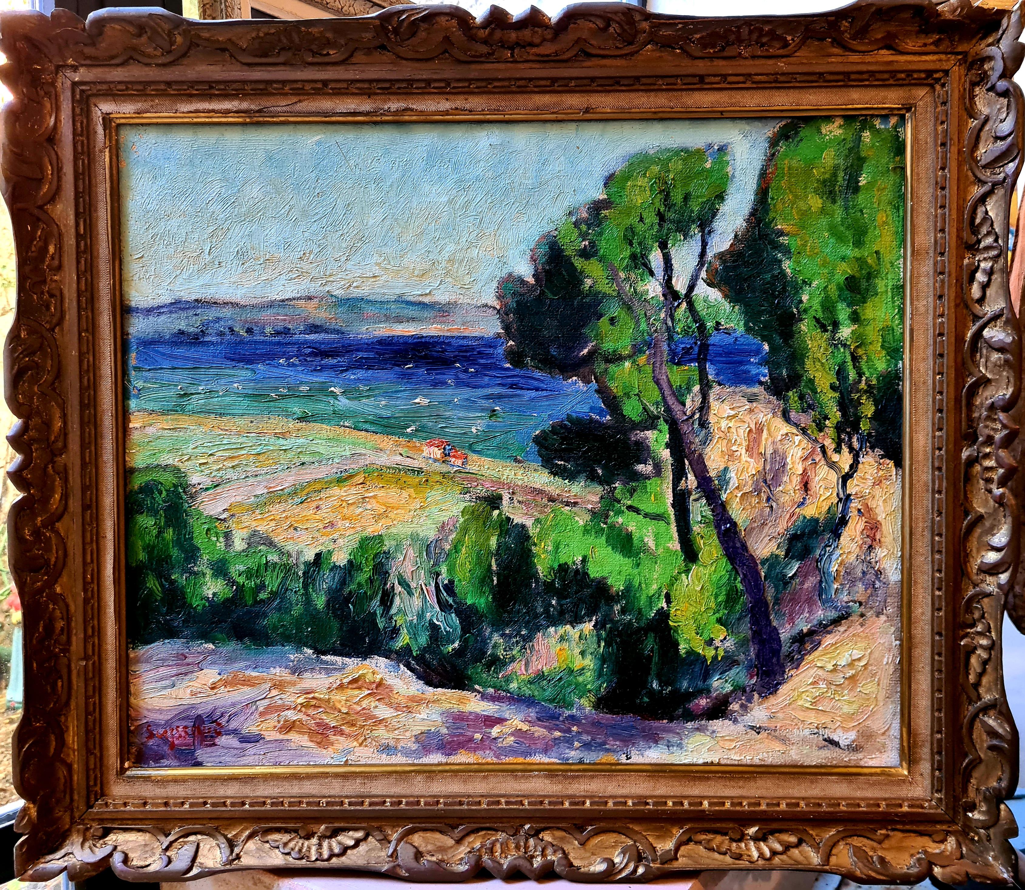 Óleo sobre lienzo fauvista francés Paisaje a la vista del agua del Atelier A de Seyssaud - Painting de René Seyssaud