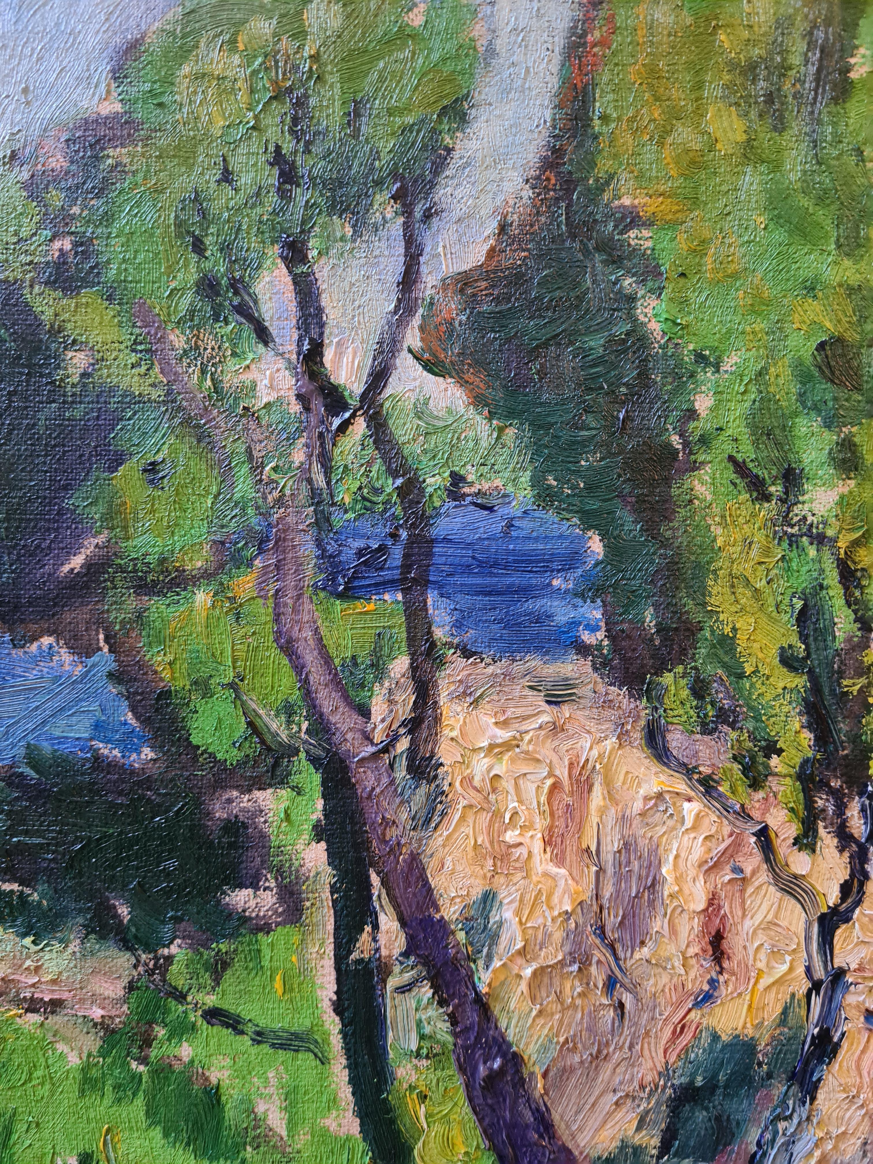 Óleo sobre lienzo fauvista de principios del siglo XX de un paisaje con vista al agua de René Seyssaud. El cuadro está firmado abajo a la izquierda. Hay un título, 