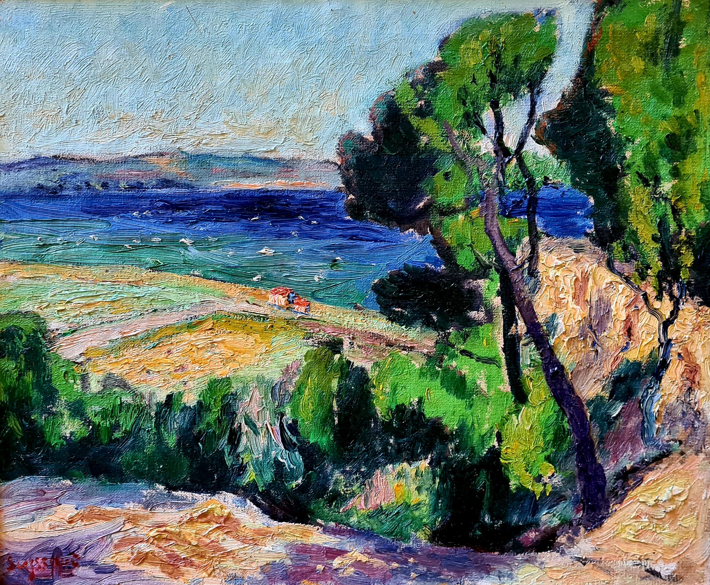 Landscape Painting de René Seyssaud - Óleo sobre lienzo fauvista francés Paisaje a la vista del agua del Atelier A de Seyssaud