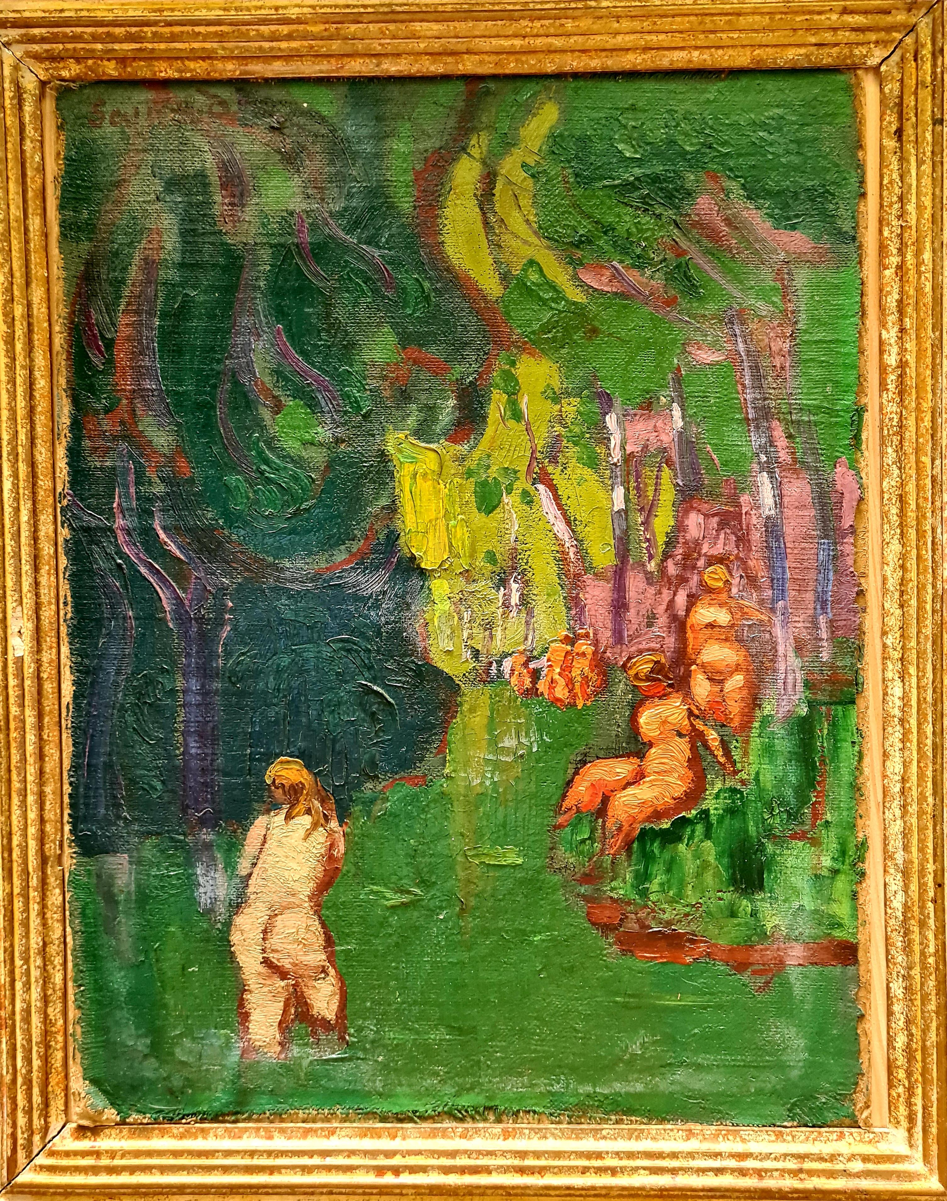 Grüne und mauvefarbene französische Fauvisten-Badende, Öl auf Leinwand, Nature et Volupte – Painting von René Seyssaud