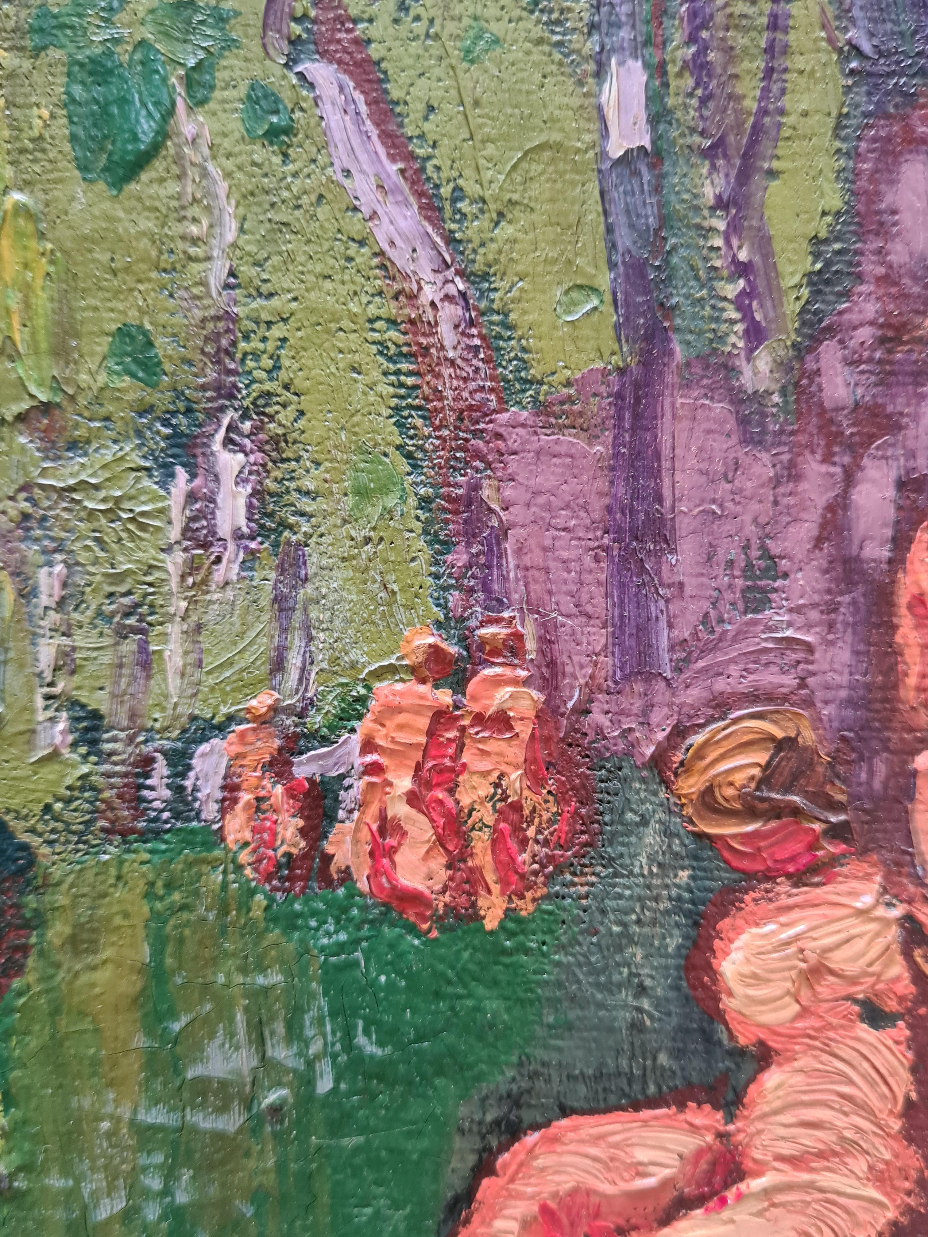 Fauvistisches Öl auf Leinwand auf Karton des frühen 20. Jahrhunderts mit grüner und lilafarbener Landschaft mit nackten weiblichen Badenden  von René Seyssaud. Das Gemälde ist oben links signiert. Präsentiert in einer sehr feinen benutzerdefinierten