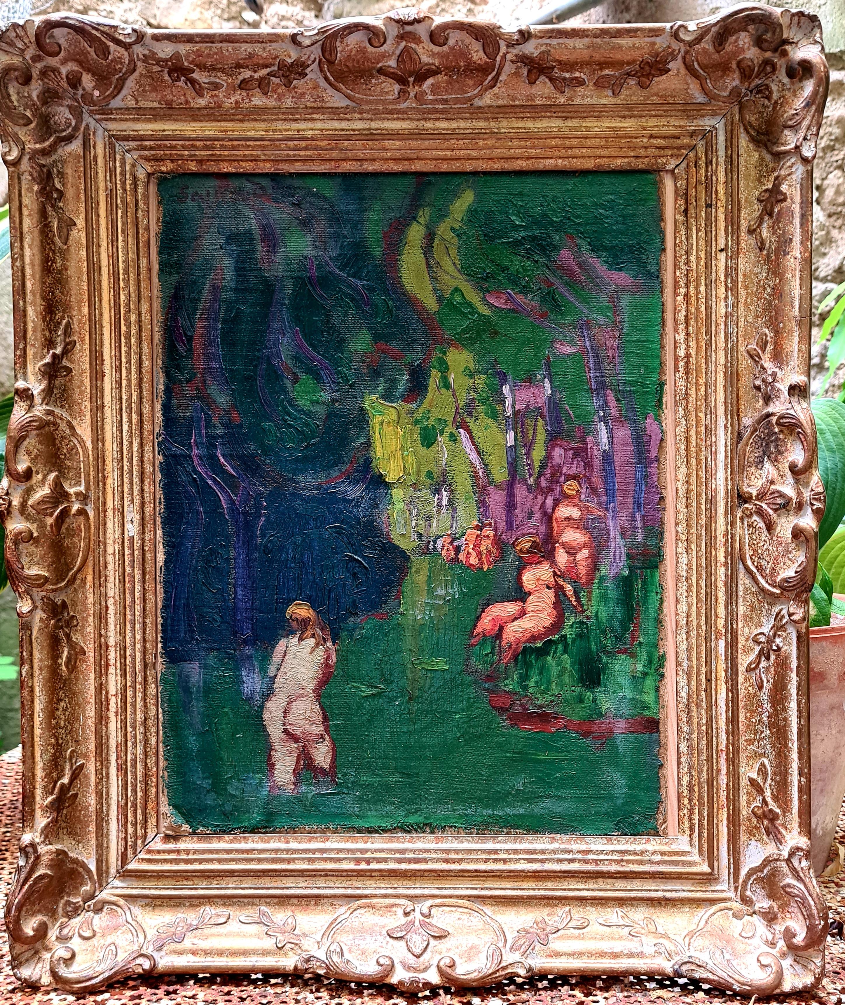 René Seyssaud Landscape Painting – Grüne und mauvefarbene französische Fauvisten-Badende, Öl auf Leinwand, Nature et Volupte