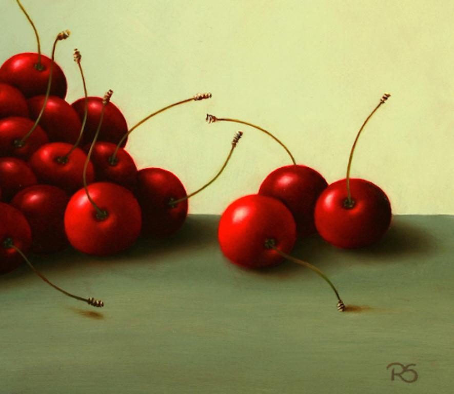 ''Cerises'' Peinture réaliste contemporaine de nature morte de cerises rouges, fruits - Beige Still-Life Painting par René Smoorenburg 