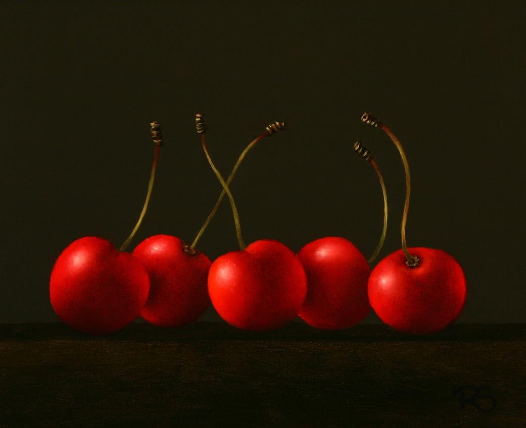 René Smoorenburg  Figurative Painting - ''Cherries” Contemporary Fine Realist Still-Life Painting of Red Cherries, Fruit