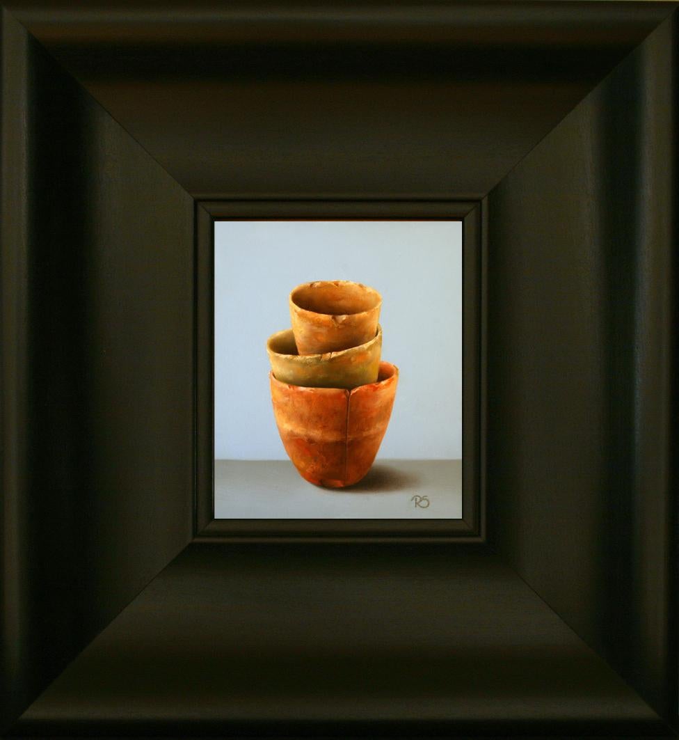 ''Flower Pots” Contemporary Fine Realist Still-Life Painting of Terracotta Pots - Gray Figurative Painting by René Smoorenburg 