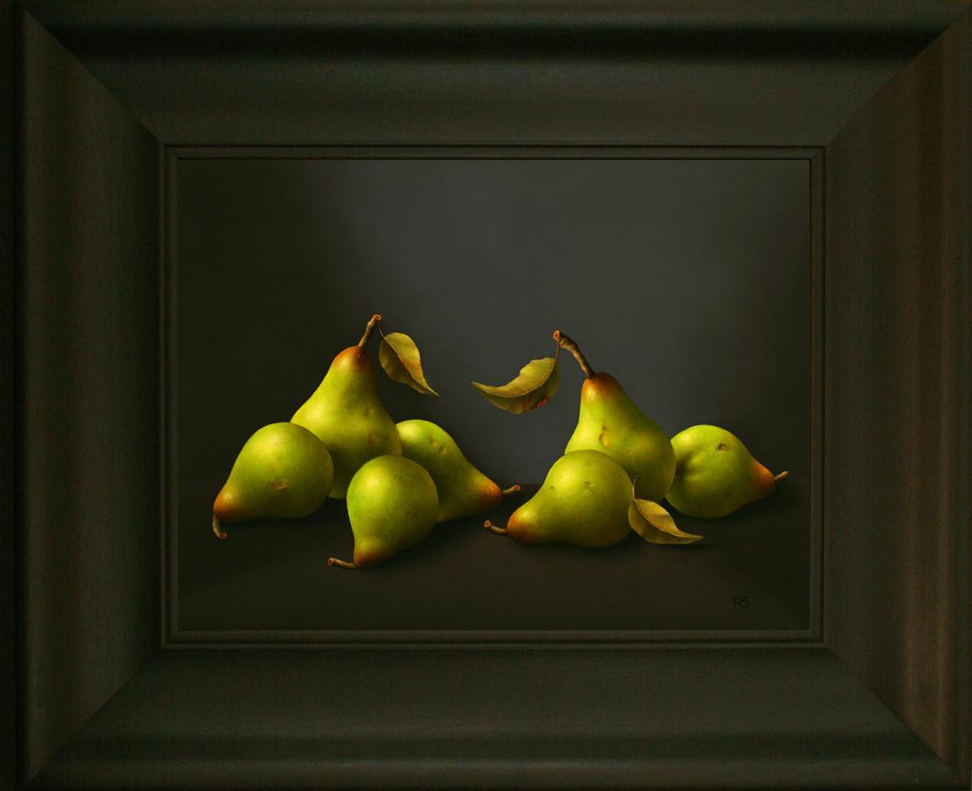 “Pears” Contemporary Fine Realist Still-Life Painting of Pears, Fruit - Black Figurative Painting by René Smoorenburg 