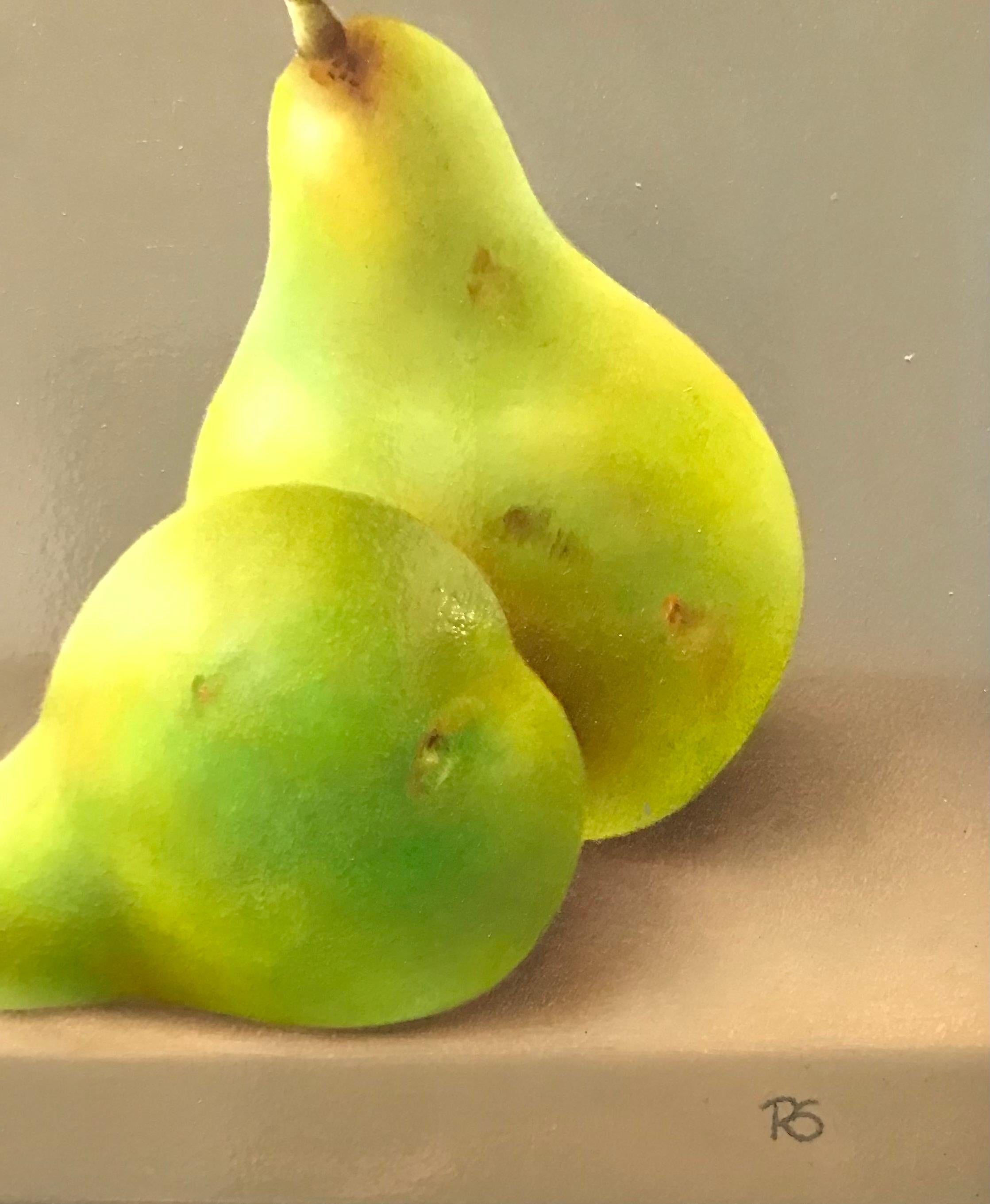 Peinture de nature morte réaliste contemporaine de poires sur vert - Peinture de nature morte réaliste - Painting de René Smoorenburg 