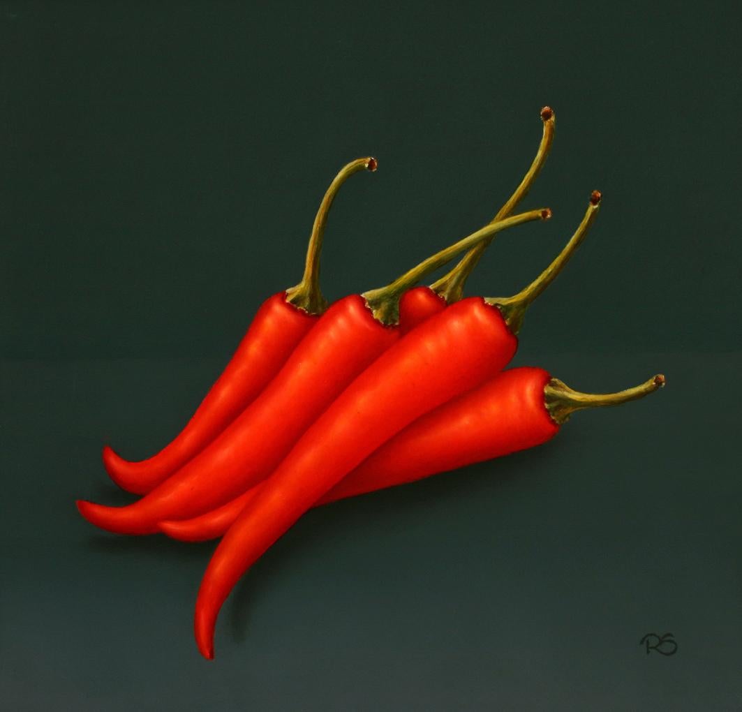 René Smoorenburg  Figurative Painting - ''Red Chillies” Contemporary Fine Realist Still-Life Painting of Red Chillies