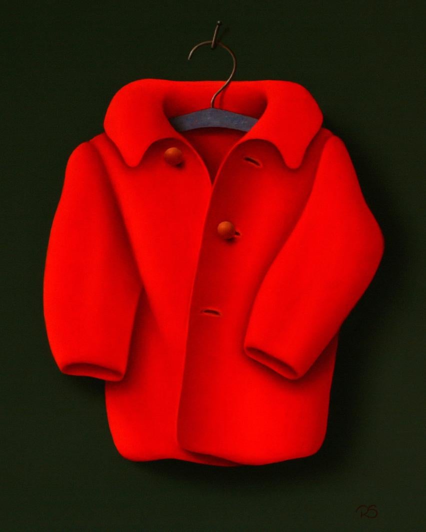 Manteau rouge Peinture réaliste contemporaine d'une nature morte d'un manteau rouge