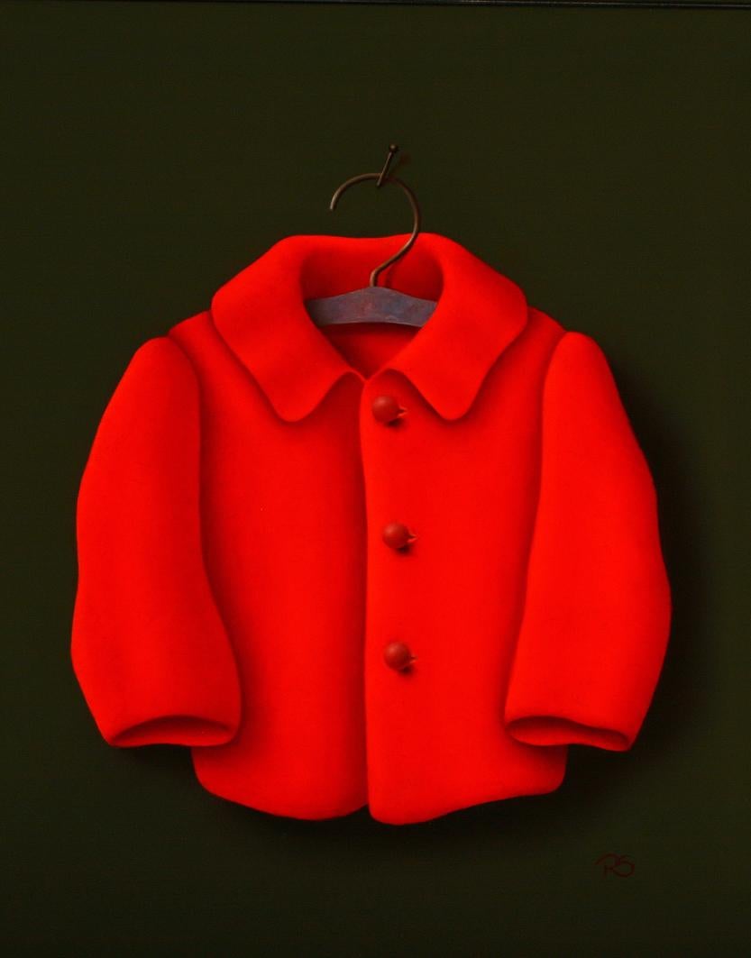 « Manteau rouge » - Peinture contemporaine de nature morte réaliste d'un manteau rouge