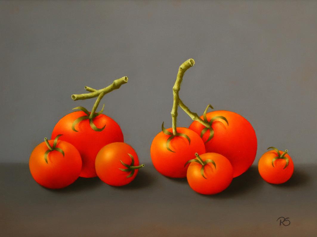 Zeitgenössisches, feines, realistisches Stillleben mit roten Tomaten
