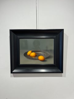 "Limones" Pintura al óleo de fino realismo holandés Bodegón con fruta en plato de hojalata