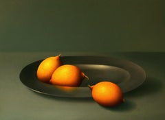 "Limones" Pintura al óleo de fino realismo holandés Bodegón con fruta en plato de hojalata