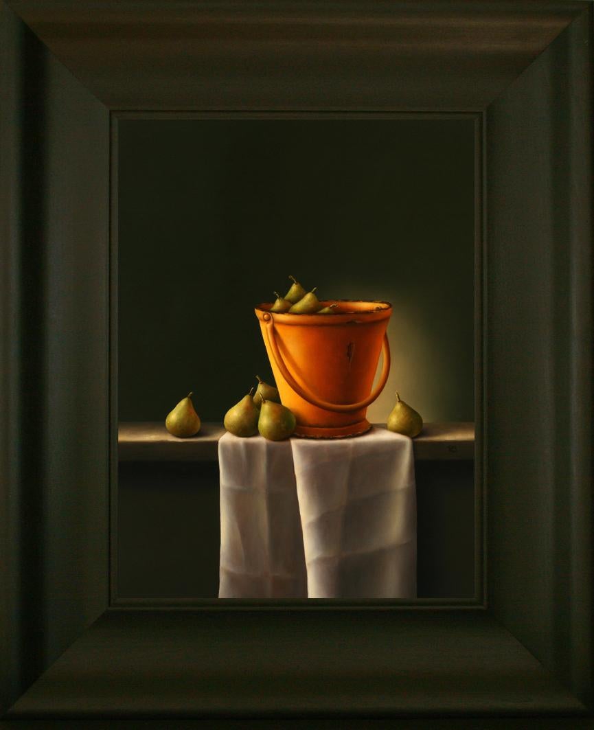 « Poires dans un seau jaune » - Peinture à l'huile réaliste néerlandaise - Nature morte avec poires 1