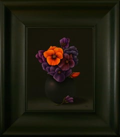 "Violetas" Pintura al óleo holandesa de fino realismo Bodegón con violetas moradas/naranjas