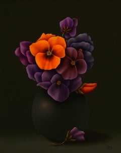 "Violetas" Pintura al óleo holandesa de fino realismo Bodegón con violetas moradas/naranjas