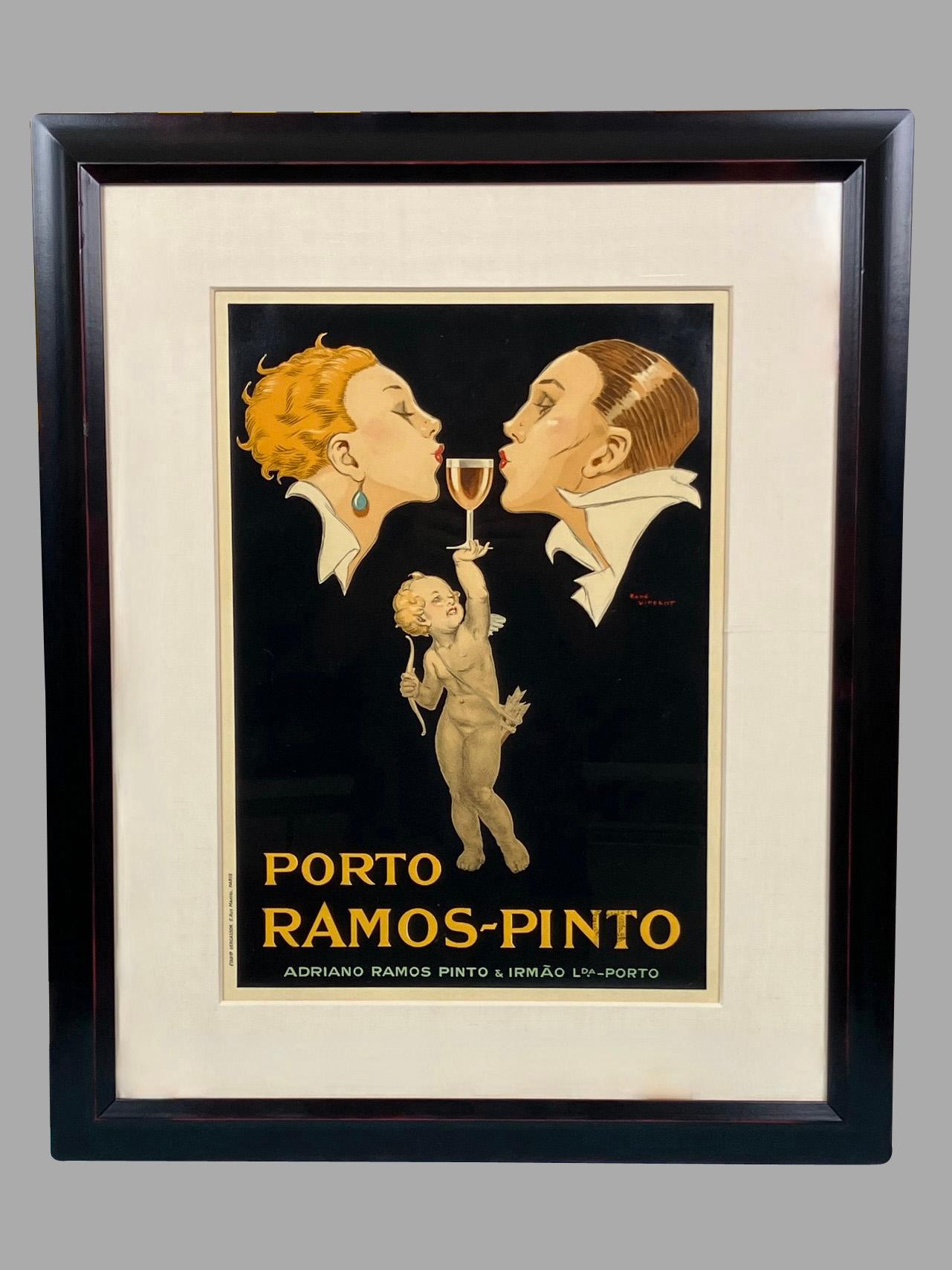 A wonderful Art Deco period original lithographic poster for Ramos-Pinto port by Rene Vincent depicting two lovers joined by a winged cupid offering a glass of  port. This iconic image has been widely reproduced. This example is an original vintage