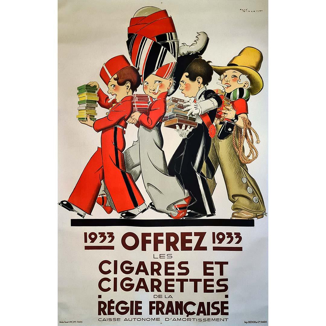 1933 Affiche publicitaire originale de Rene Vincent pour les cigares et les cigarettes en vente 1