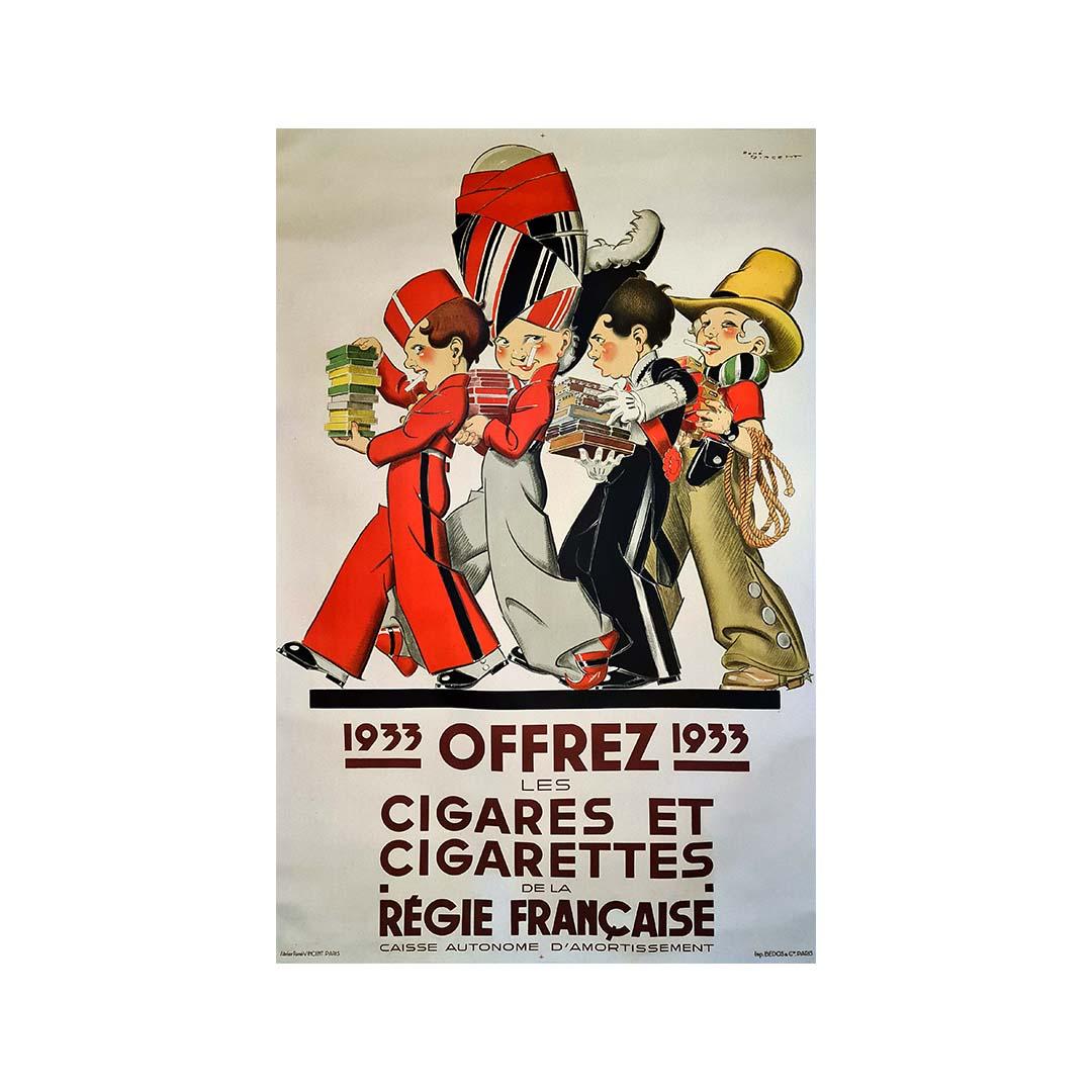 Belle affiche publicitaire de René Vincent pour les cigares et cigarettes de la société française.

Art déco - Tabac - Publicité

Régie française

Bedos & Cie Paris