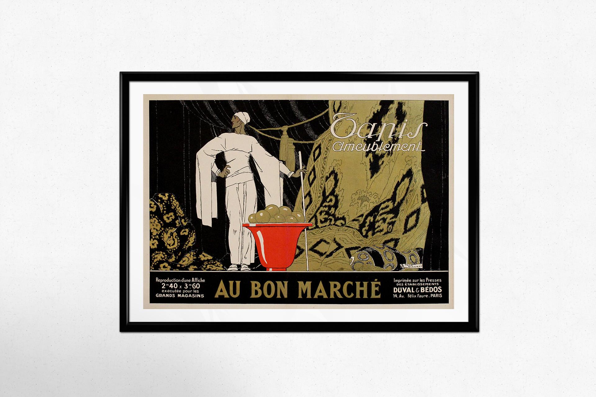 This circa 1930 original poster by René Vincent was designed to promote Tapis Ameublement at the prestigious Au Bon Marché department store in Paris. Reflecting the refined elegance and decorative trends of the early Art Deco era, the poster