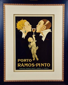 Antique Framed Colorful French Port Wine Advertising Poster: Porto Ramos by Rene Vincent