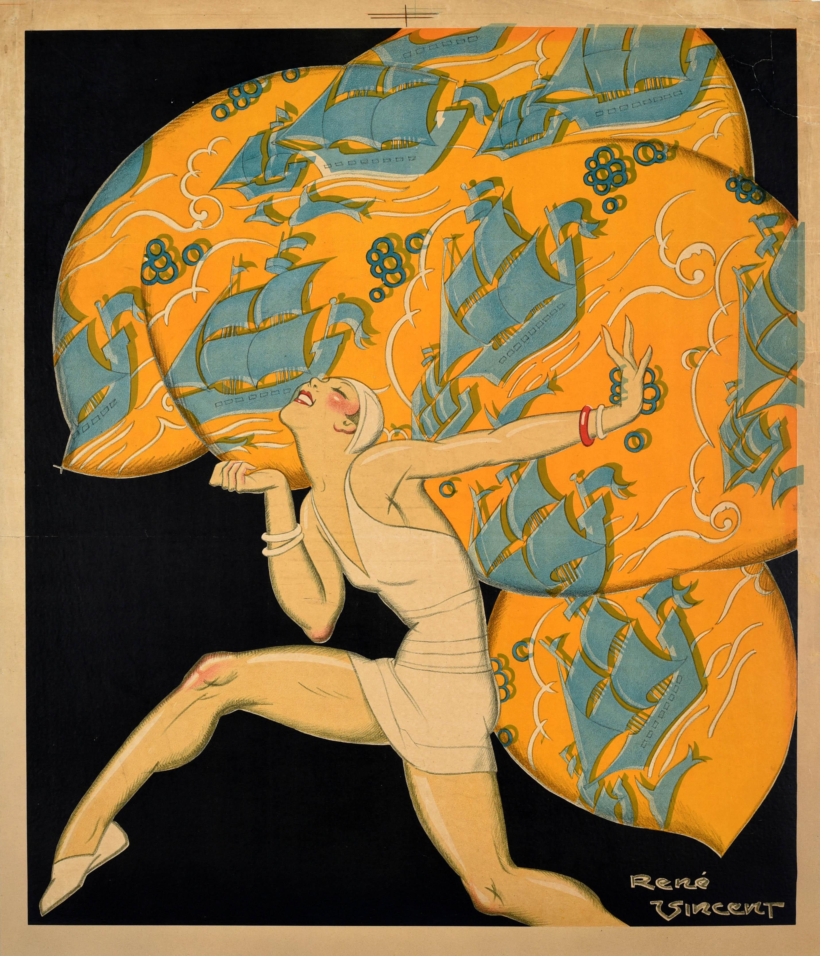 Original antique poster featuring a stunning design by the influential French Art Deco illustrator Rene Vincent (1879-1936) of a smiling lady wearing a fashionable bathing suit dancing in front of a yellow pattern with blue sailing ships and