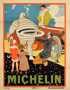 Original Antique Poster Michelin Man Bibendum Tyre Change New Tire Classic Car