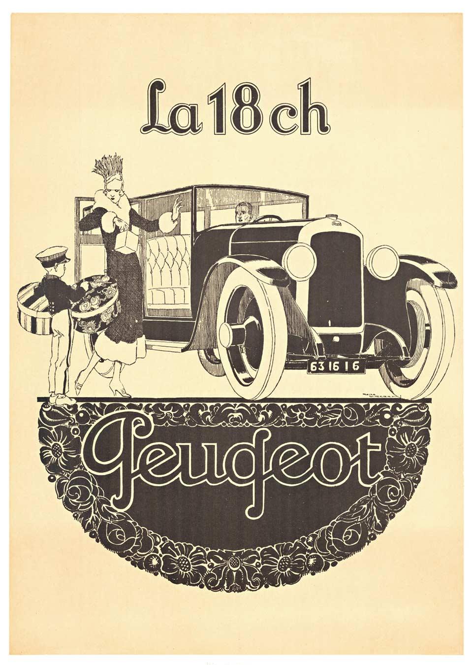 Rene Vincent Figurative Print - Original "La 18 ch" vintage art deco automobile poster