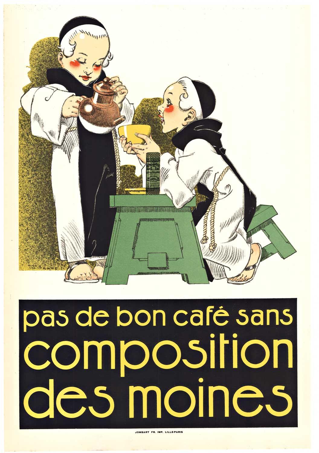 Rene Vincent Figurative Print - Original 'Pas de Bon Cafe sans Composition des Moines" vintage coffee poster