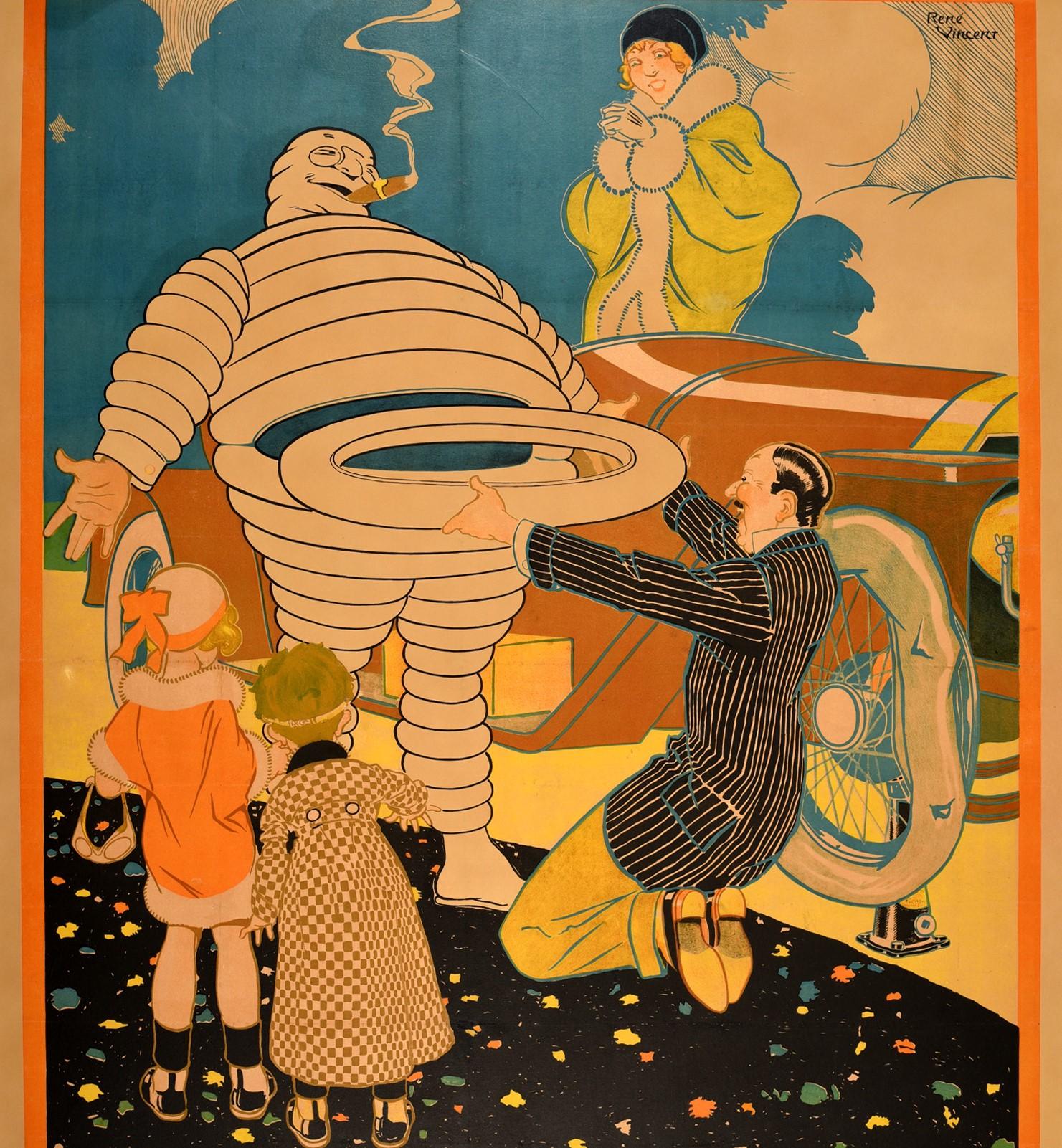 Affiche vintage d'origine emblématique Michelin Man Bibendum Classic Car New Tire / Tyre, Man Bibendum - Orange Print par Rene Vincent