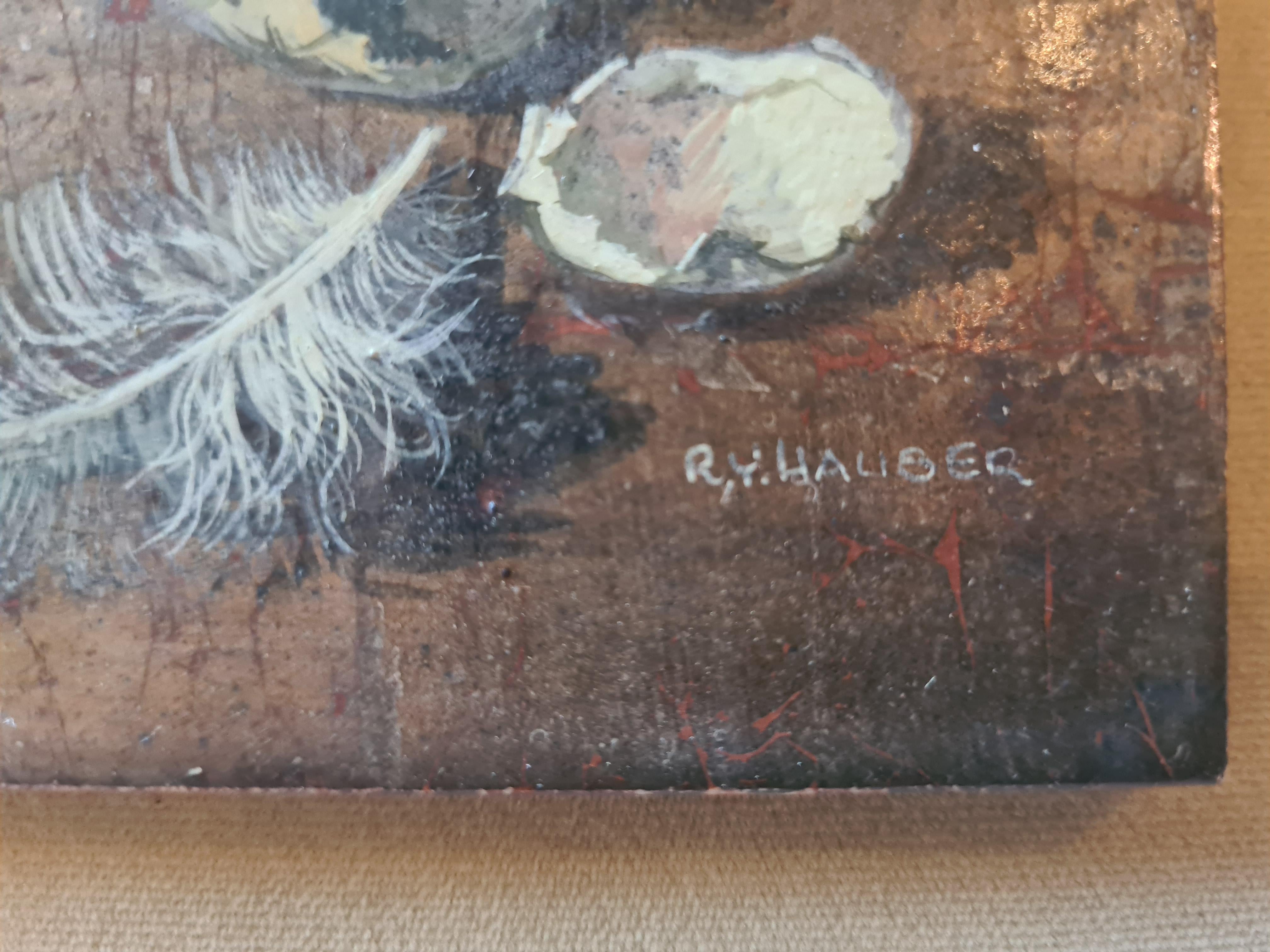 Stillleben mit Eiern und Federn, Les Petits Oeufs Mit Blattsilber. (Fotorealismus), Painting, von Renée Yolande Hauser 