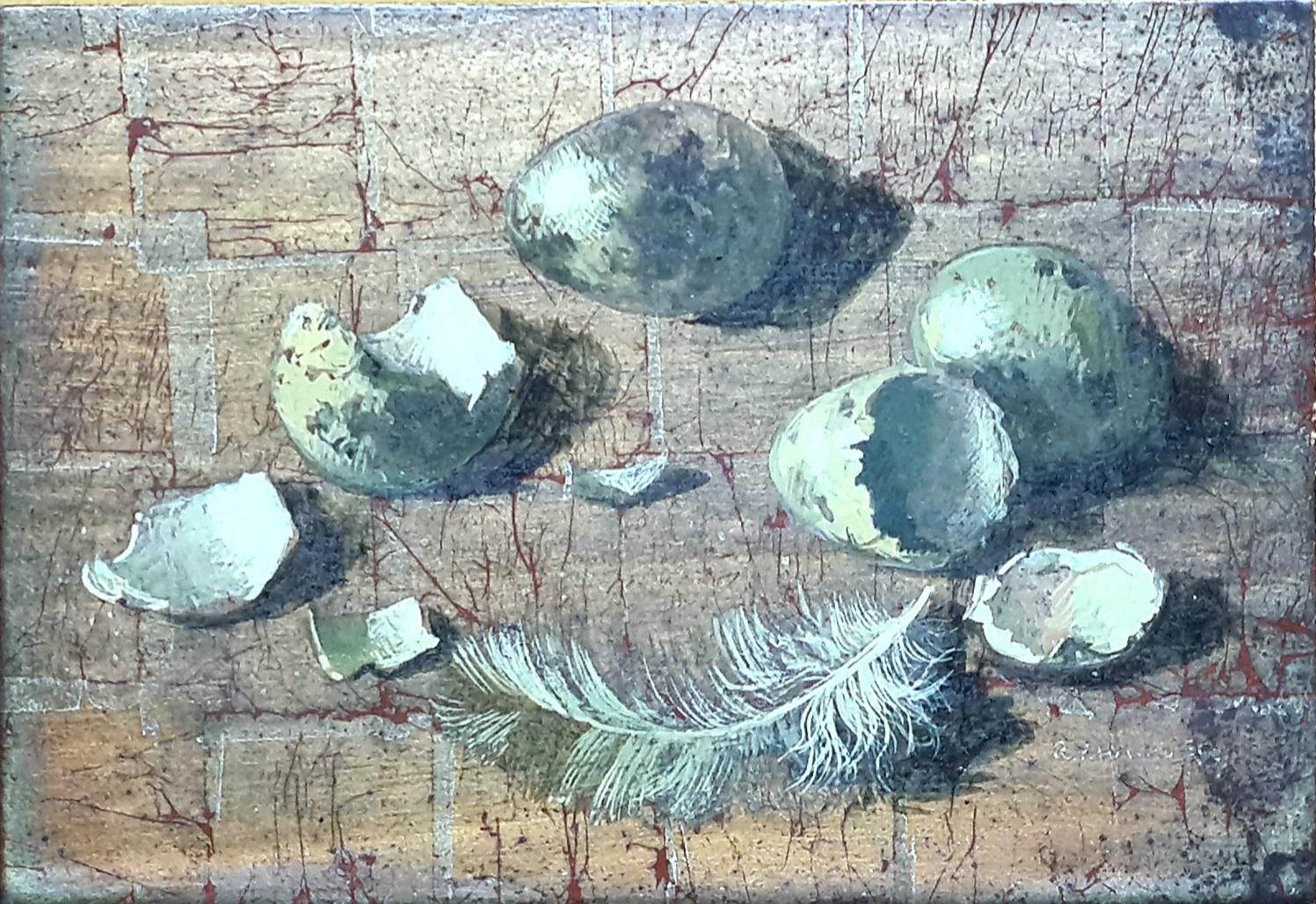 Stillleben mit Eiern und Federn, Les Petits Oeufs Mit Blattsilber. (Silber), Still-Life Painting, von Renée Yolande Hauser 