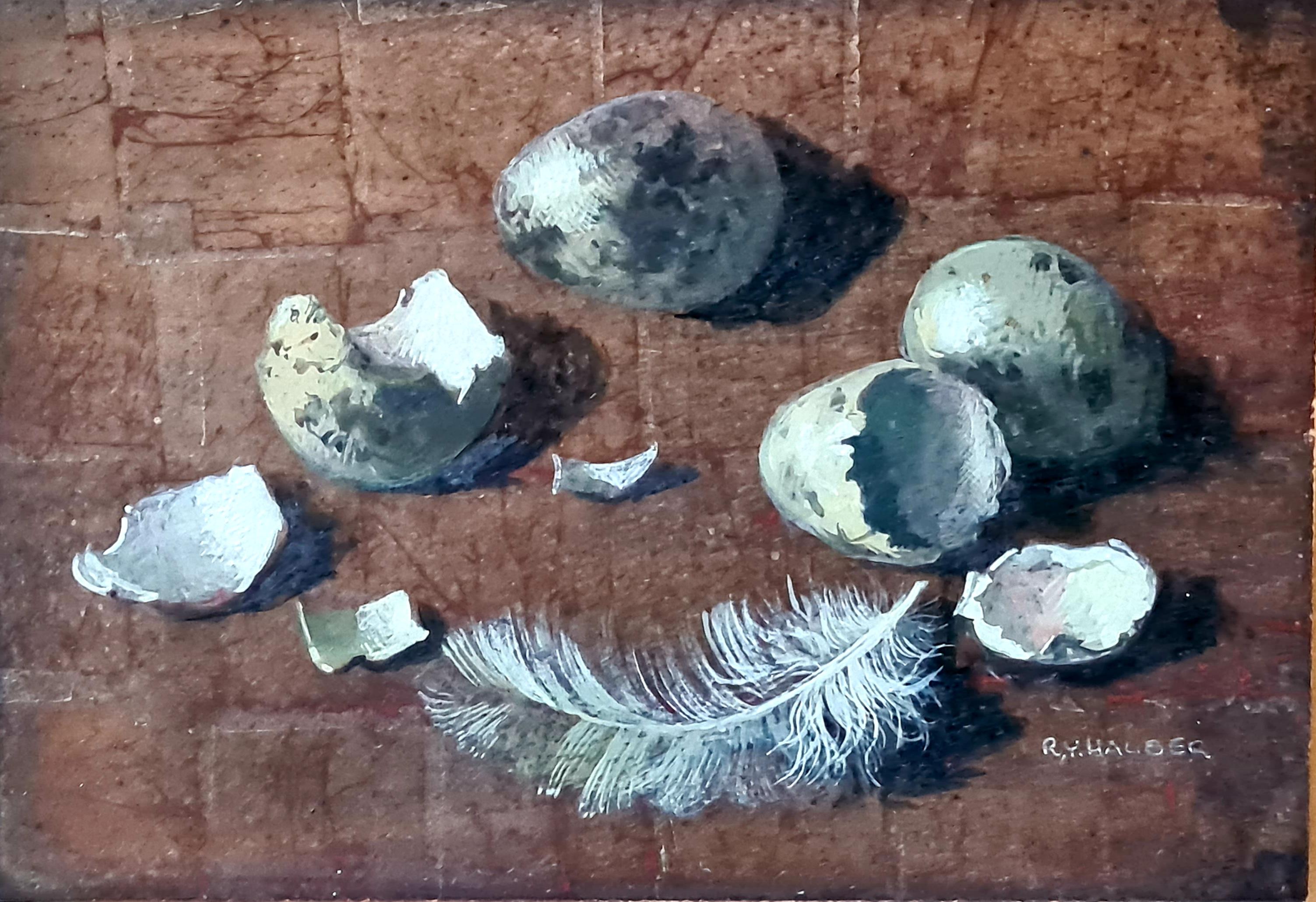 Renée Yolande Hauser  Still-Life Painting – Stillleben mit Eiern und Federn, Les Petits Oeufs Mit Blattsilber.
