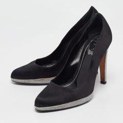 Ren&eacute; Caovilla Black Satin Crystal Embellished Platform Pumps Size 37