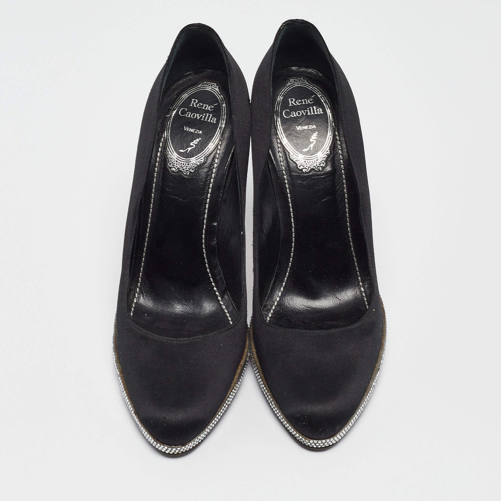René Caovilla Black Satin Crystal Embellished Platform Pumps Size 37 In Good Condition For Sale In Dubai, Al Qouz 2
