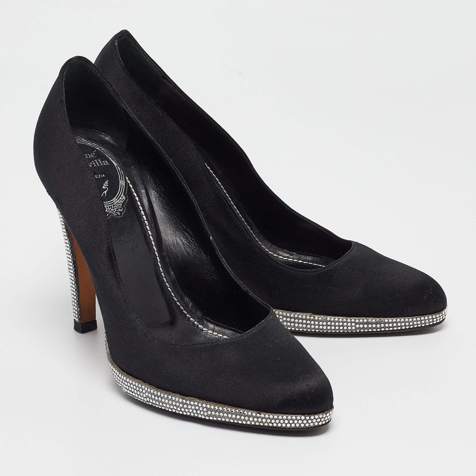 Women's René Caovilla Black Satin Crystal Embellished Platform Pumps Size 37 For Sale
