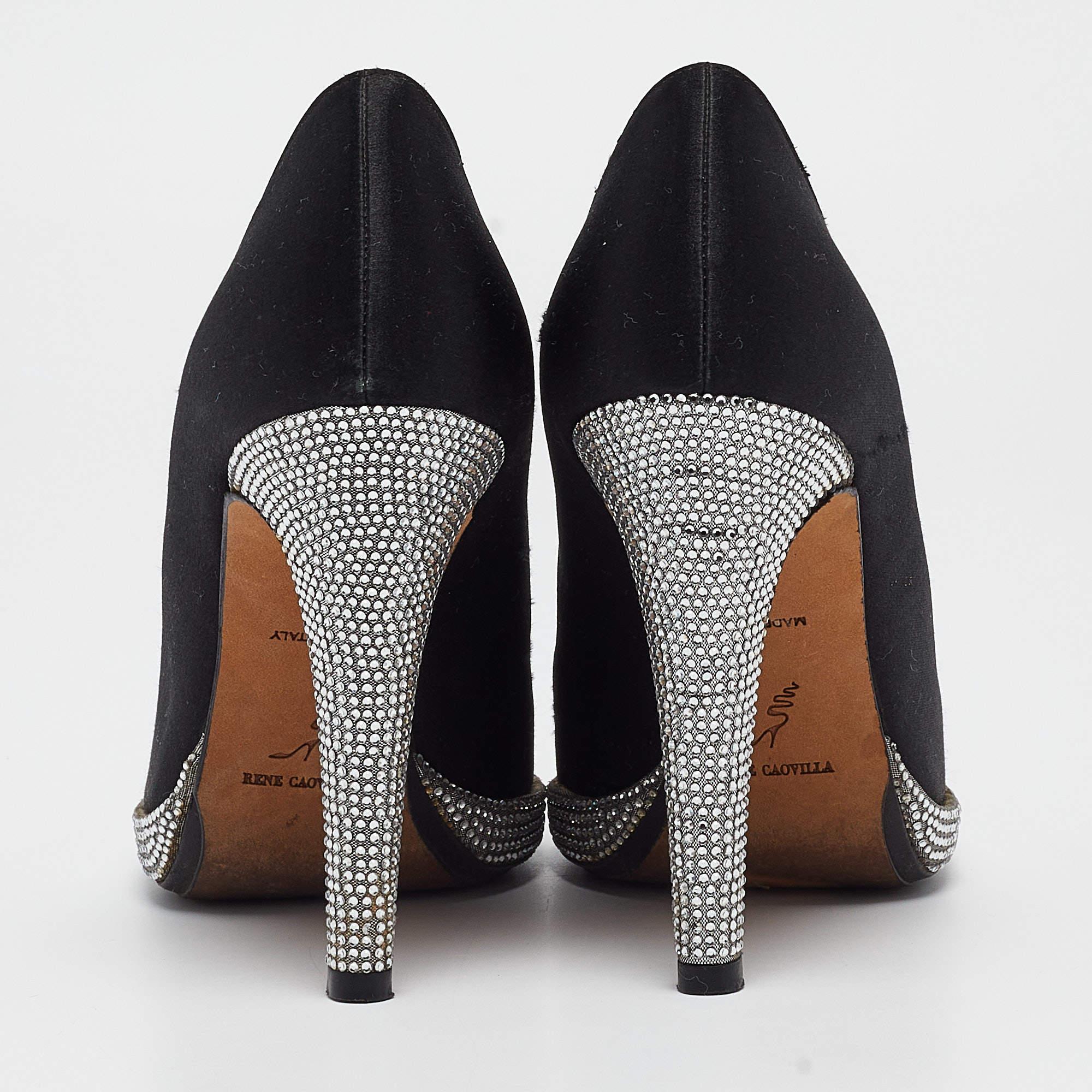 René Caovilla Black Satin Crystal Embellished Platform Pumps Size 37 For Sale 1