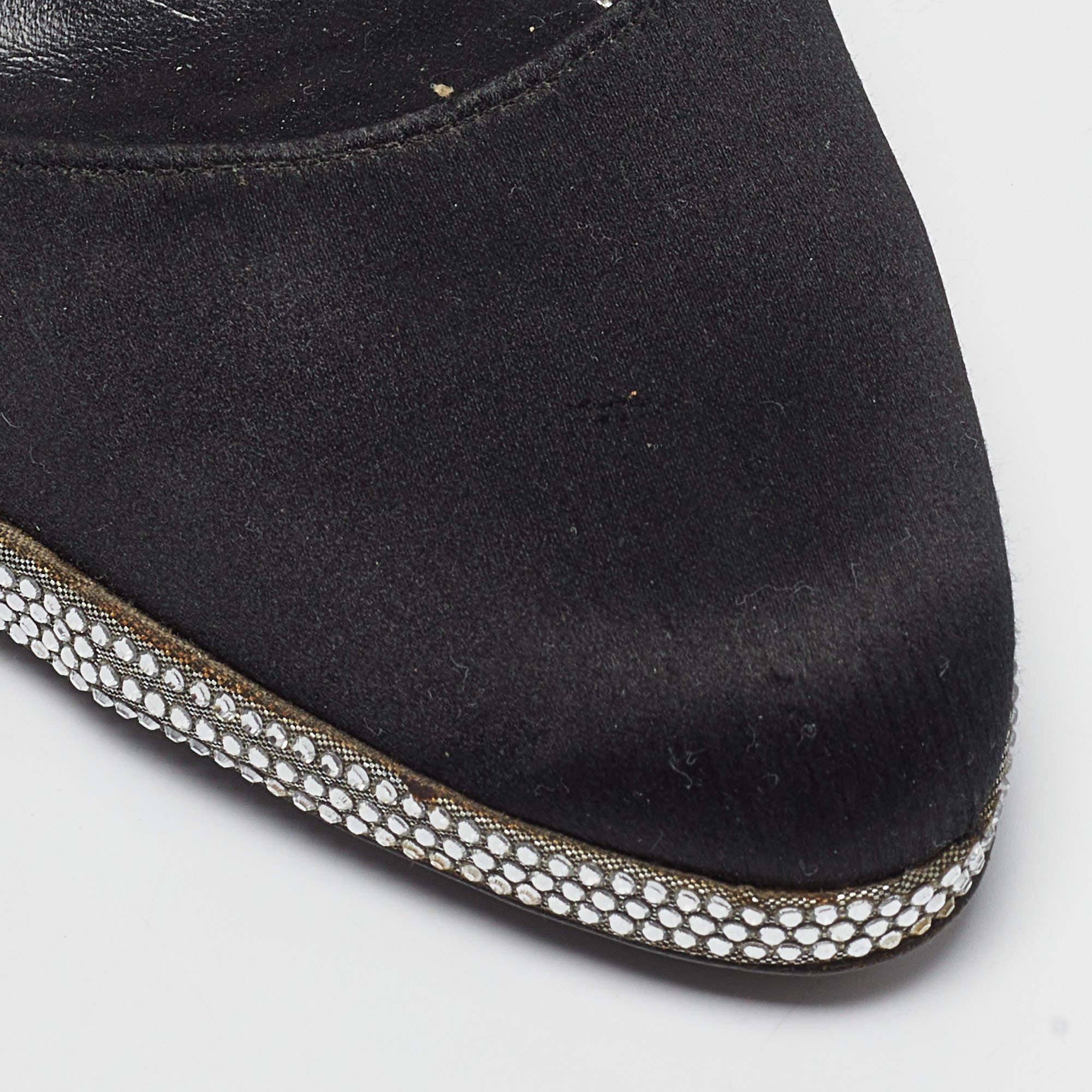 René Caovilla Black Satin Crystal Embellished Platform Pumps Size 37 For Sale 3