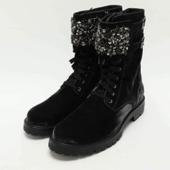 Ren&eacute; Caovilla Black Velvet Embellished Ankle Length Boots Size 38