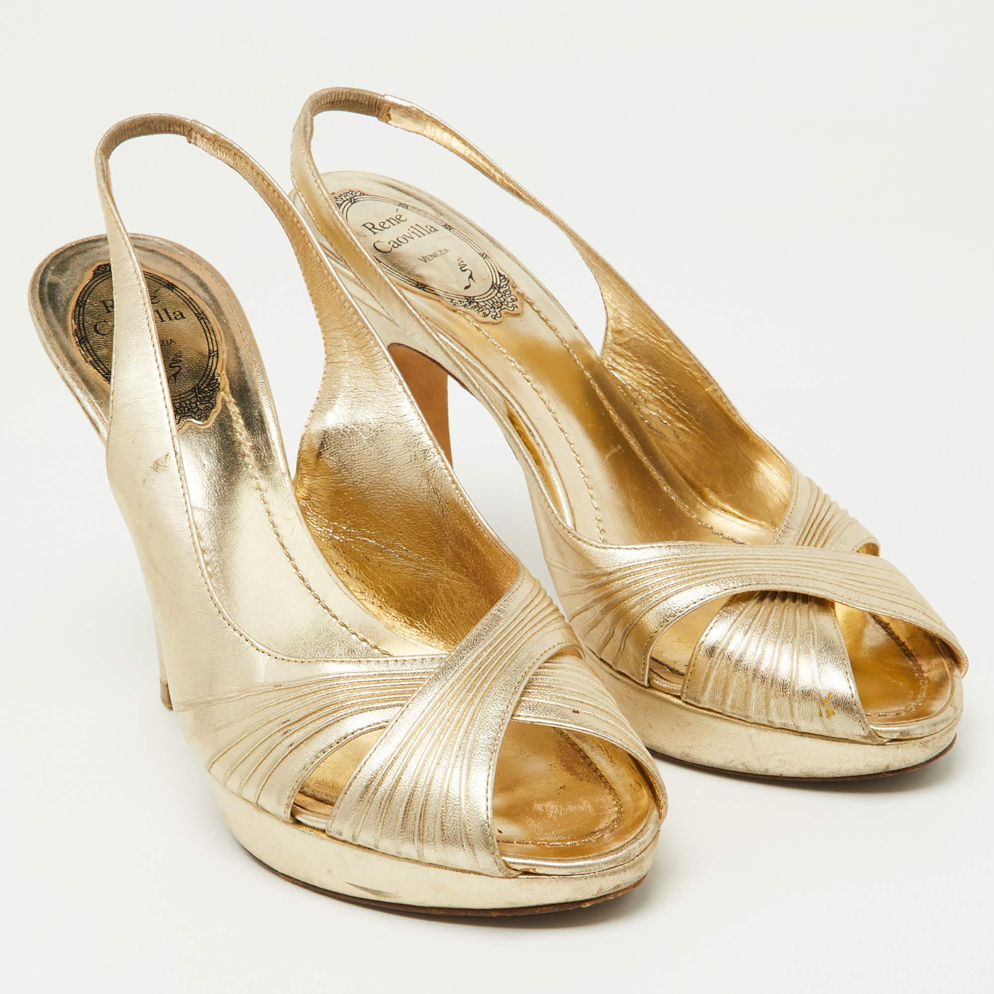 Women's René Caovilla Gold Pleated Leather Cross Strap Slingback Sandals Size 39 For Sale